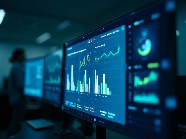 Gráficos de análisis de datos y KPIs en pantalla digital